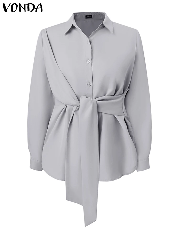 VONDA Plus Size 5XL Women Elegant Long Sleeve Shirts 2024 Blouse Fashion Casual Lapel Neck Tops Pleated Blusas Tunic Oversized