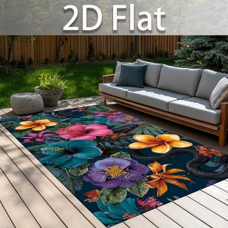 Tropical Snake Rug Dark Botanical Printed Home Carpet Soft Non-Slip Flannel Floor Mat Hibiscus Decor