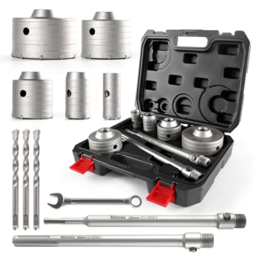 

Concrete Hole Saw Kit, 11 Pcs 30 mm 40 mm 65 mm 80 mm 100 mm Barrenas para Concreto Drill Bit with Max Shank and SDS Plus, Maso