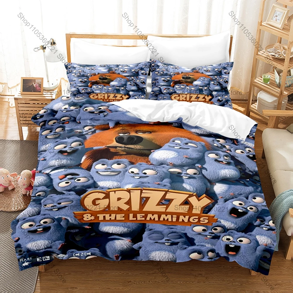 

French Kawaii Grizzy and The Lemmings Bedding Set 3Pcs Duvet Cover Set Breathable Microfiber Bed Set for Fans