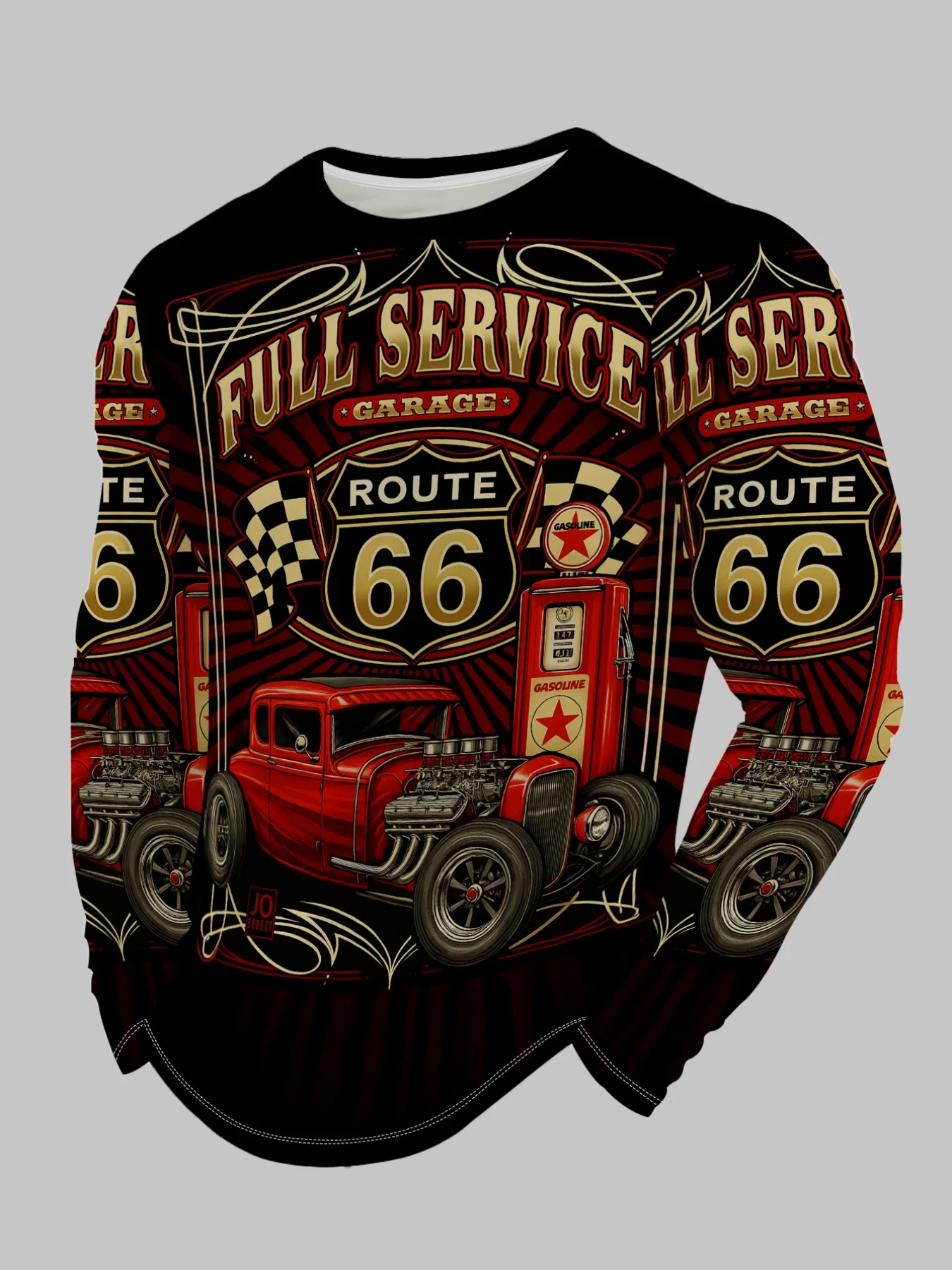 Men’s Route 66 Graphic Long Sleeve T-Shirt Vintage Car Print Casual Crew Neck Top  Autumn Thin Fashion Pullover