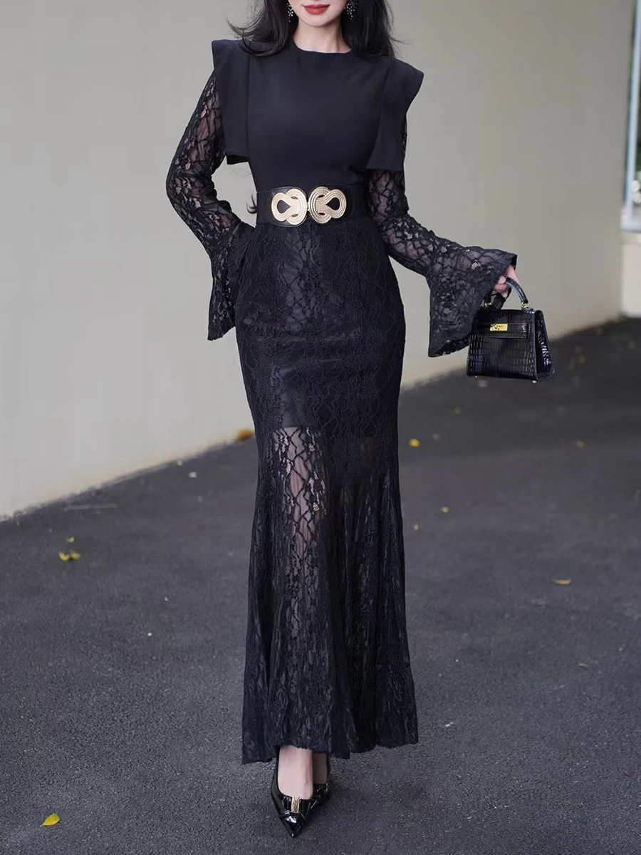 VGH Solido Elegante Temperamento Abito in Pizzo per Le Donne O Collo Manica Svasata Vita Alta Impiombato Maglia Trasparente Abiti Midi Stile Femminile