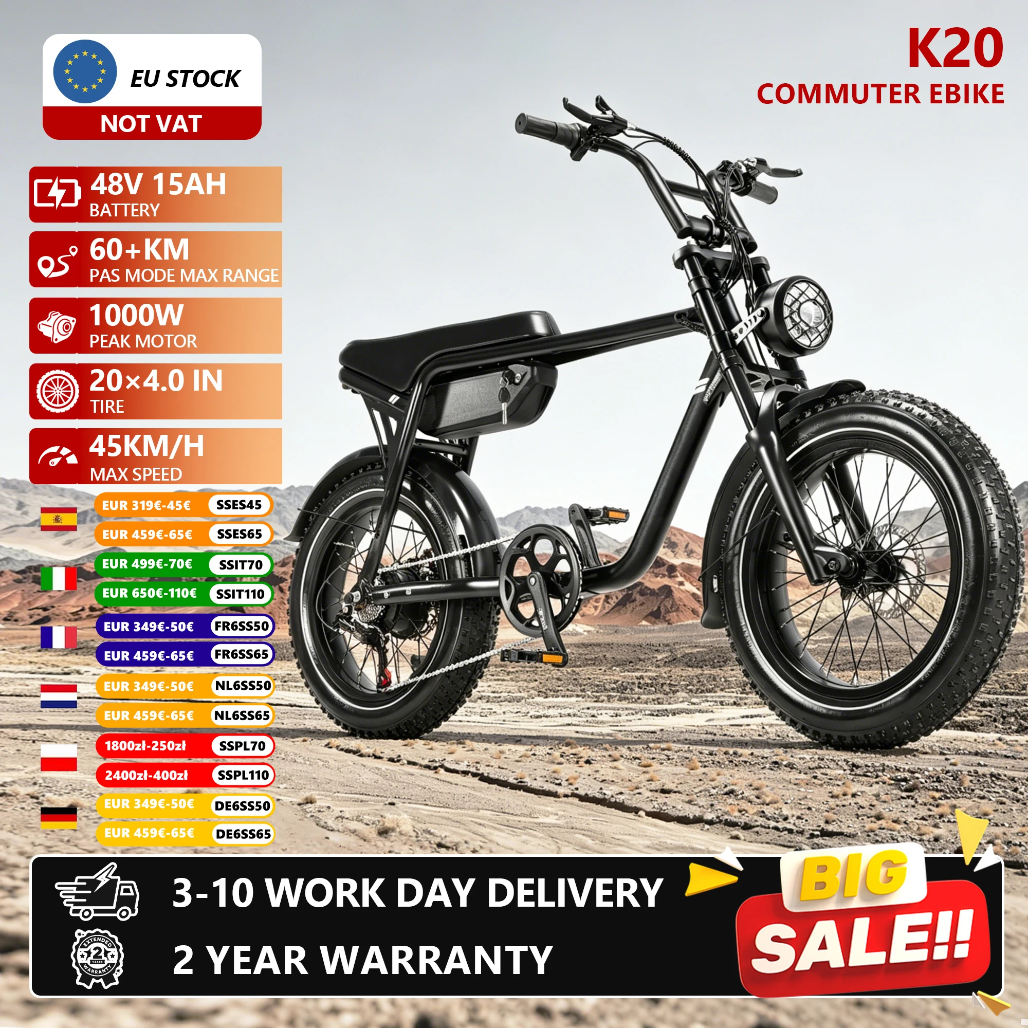 Vélo électrique CMACEWHEEL K20 eBIKE Peak 1000W, 48V15Ah, pneus larges, 20 pouces, VTT électrique pour adultes