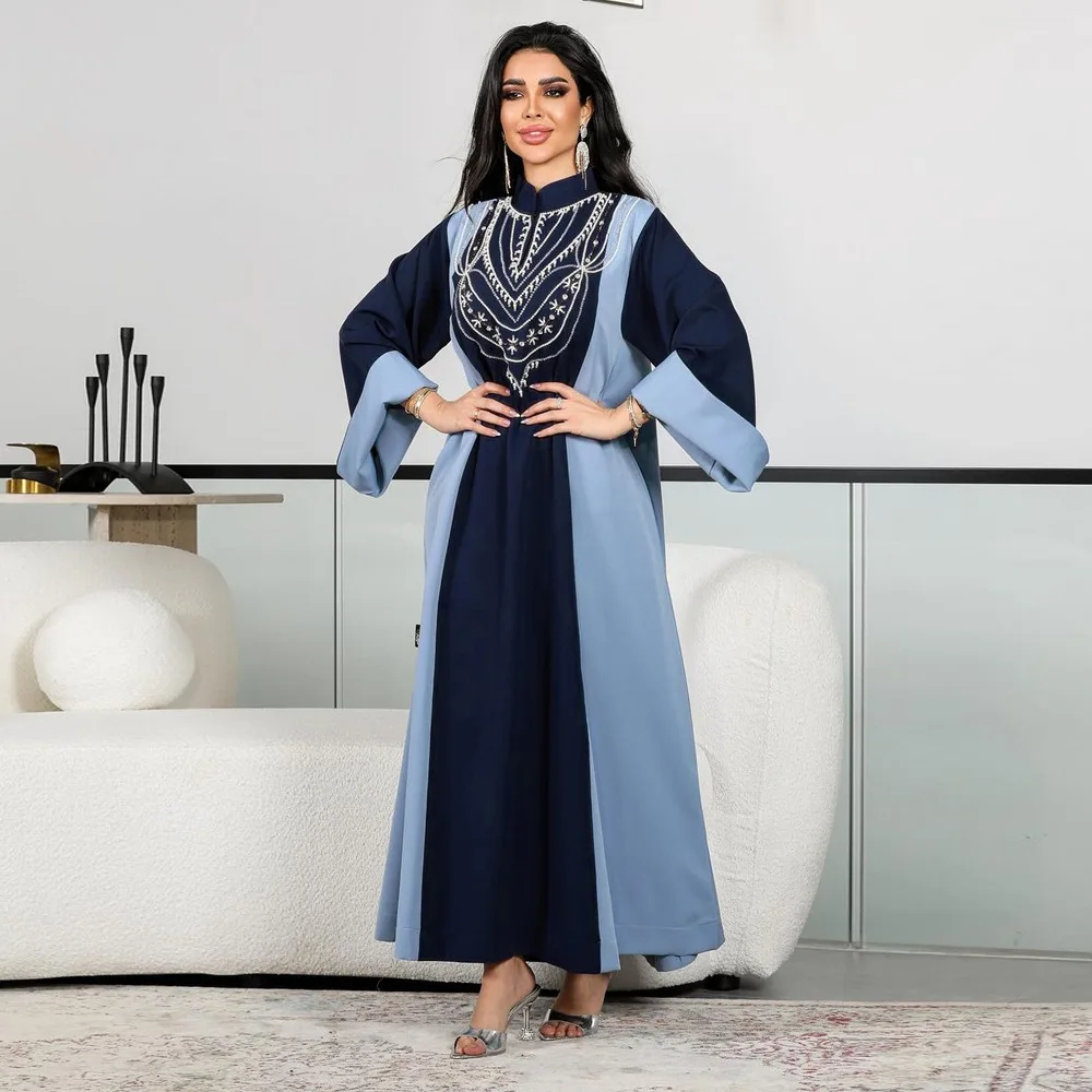 

New Muslim Middle Eastern Women's Clothing Splicing Contrasting Colors Hot Diamond Robe Dress Abaya