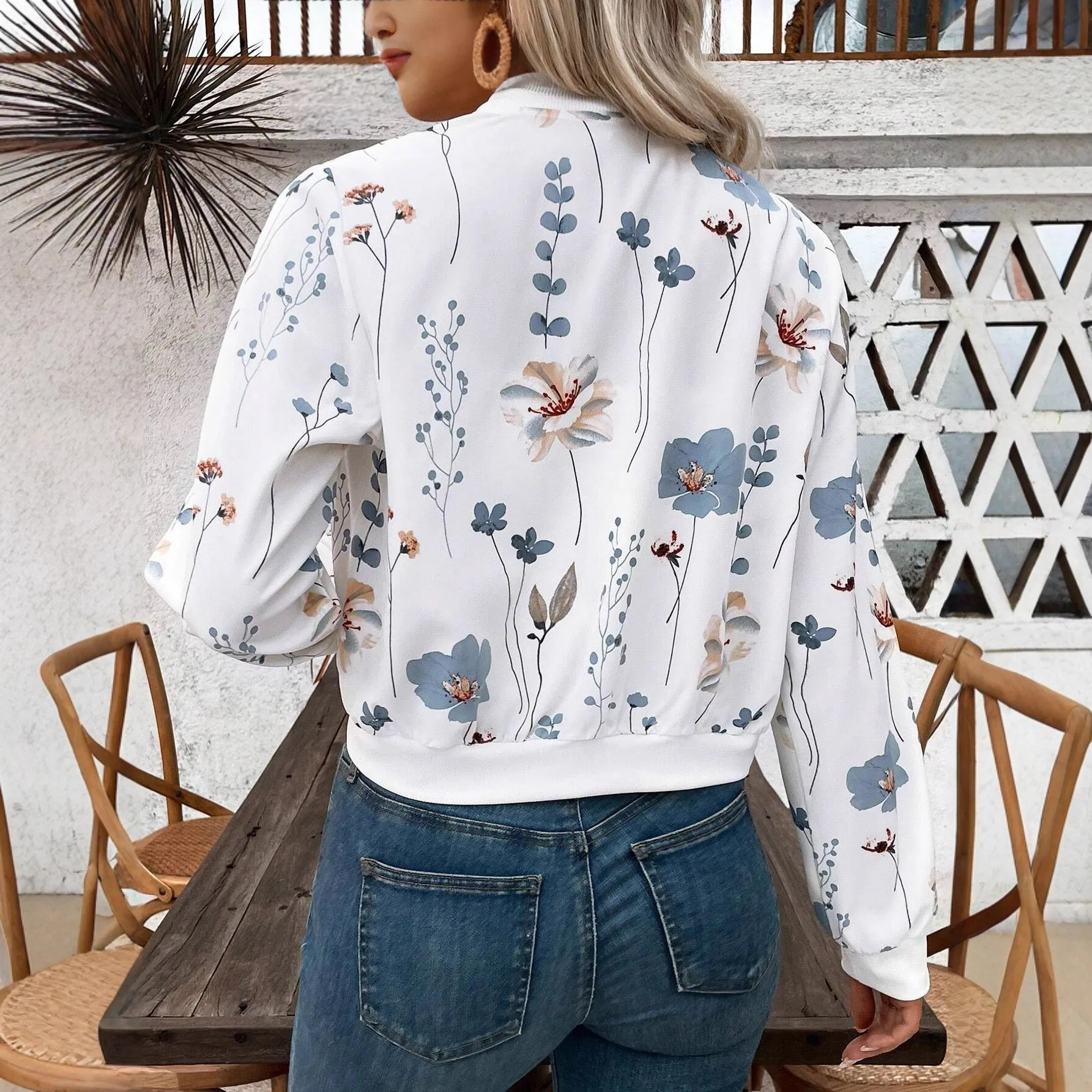 Women's Spring Autumn Demi-Season Medium Weight Loose Fit Knit Jacket with 3D Floral Print Zipper Front Collarless Long Sleeve