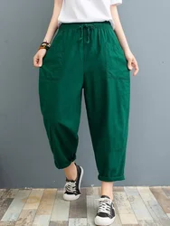 Pantalones bombachos de lino y algodón para mujer, pantalón bombacho de cintura elástica, talla grande, 2023