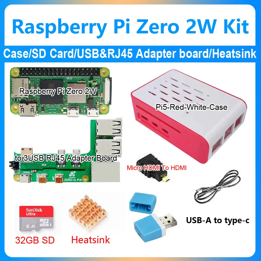 Комплект Raspberry Pi Zero 2 Вт с платой адаптера 3USB-RJ45 и корпусом Raspberry PI 5 + SD-картой 32 ГБ + кабелем для передачи данных Type-C Adapte Micro HDMI