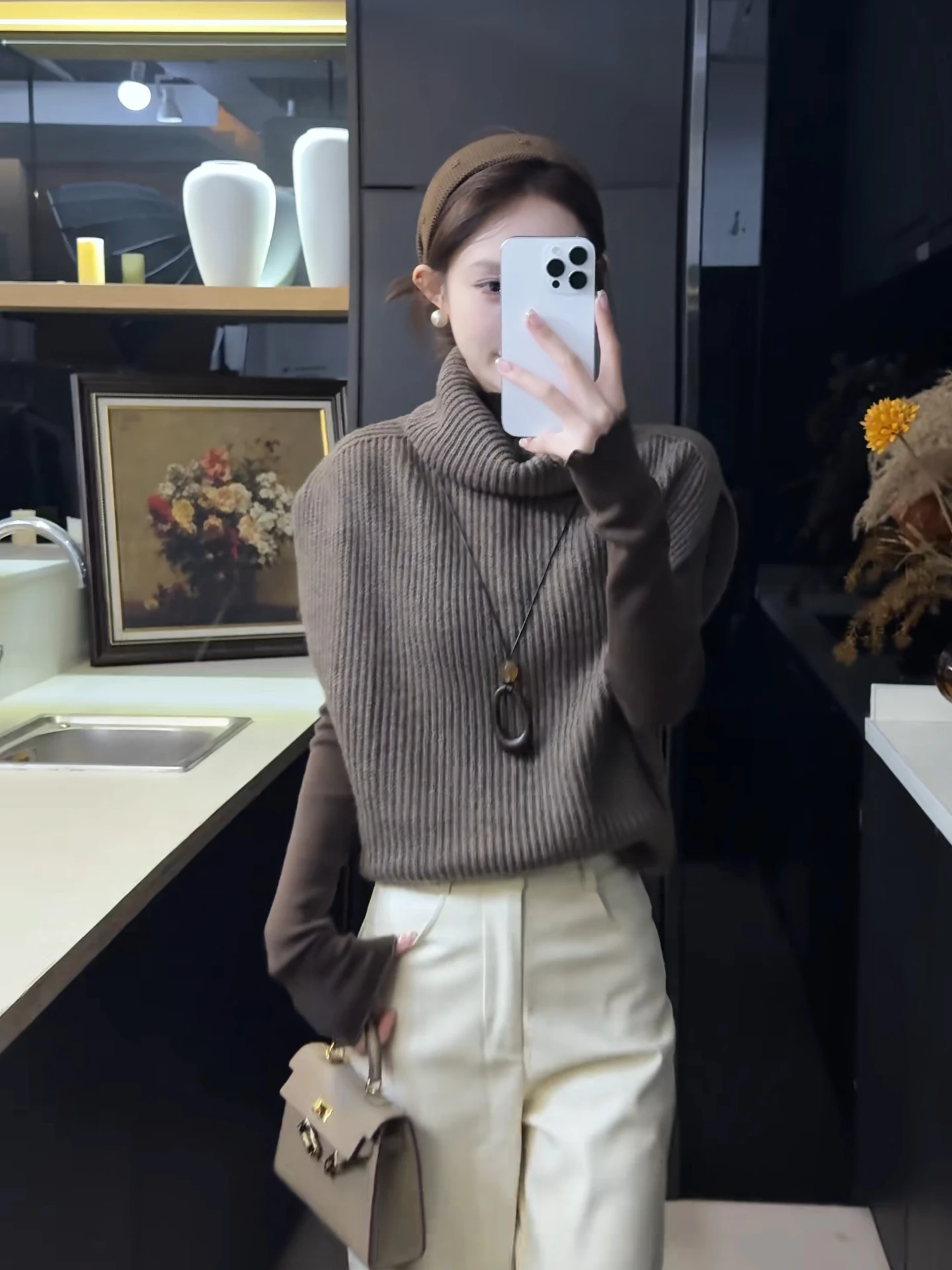 

Cozy High Collar Knitted Vest Sweater Women's Autumn Winter Faion Outerwear oulder Pad No Sve Knitted Top