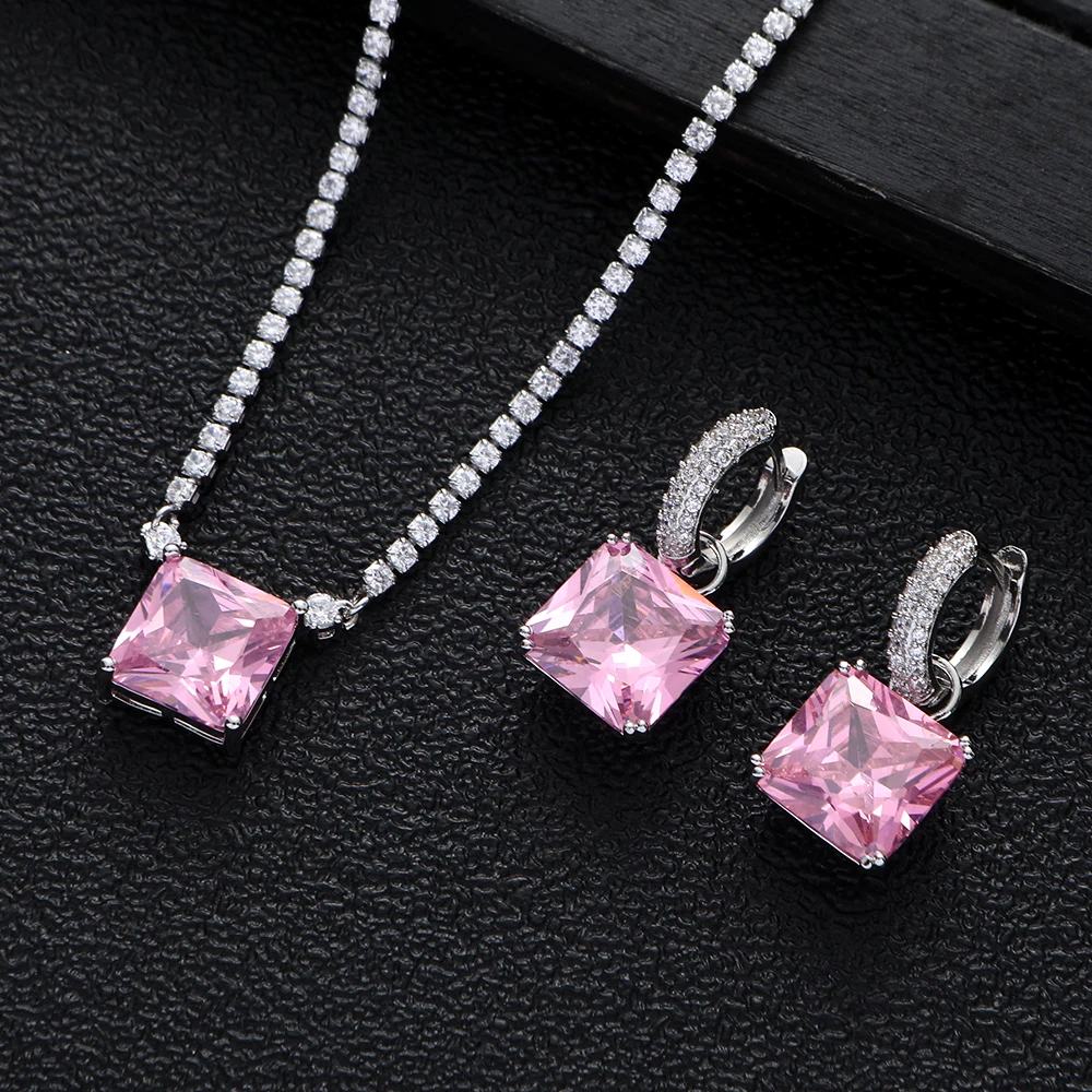 

Luxury Square Pendant Tennis Chain CZ Choker Earring For Women Wedding Evening Party Dinner Dubai Jewelry Set Gifts S368