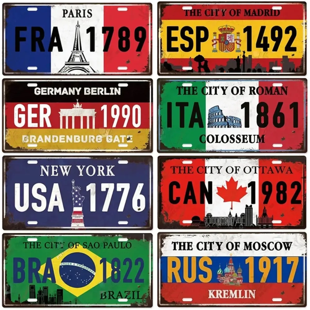 Distressed License Plate Signs | Paris Berlin Madrid Moscow Decor | Wall Art That Brings Urban Auto Heritage to Garage/Bars