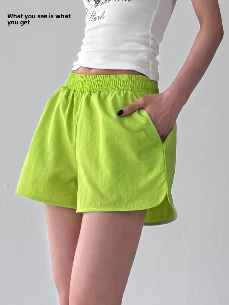 

Американские повседневные шорты с высокой талией для женщин, лето 2025, новые, свободные, утягивающие, с широкими штанинами, А-силуэт, для города