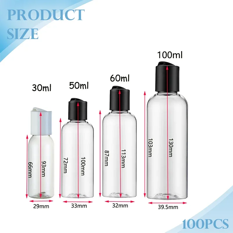 100PCS Plastic Squeeze Bottles with Disc Top Flip Cap 30-100ml Clear Refillable Containers for Shampoo Lotions Body Soap Creams