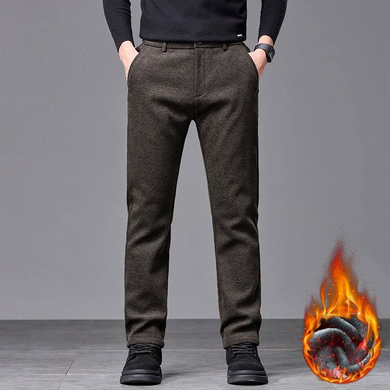 Men's Winter Fleece Elastic Casual Pants Thick Warm Soft Business Stretch Slim Trousers Streetwear Fashion Korean Brand Clothes