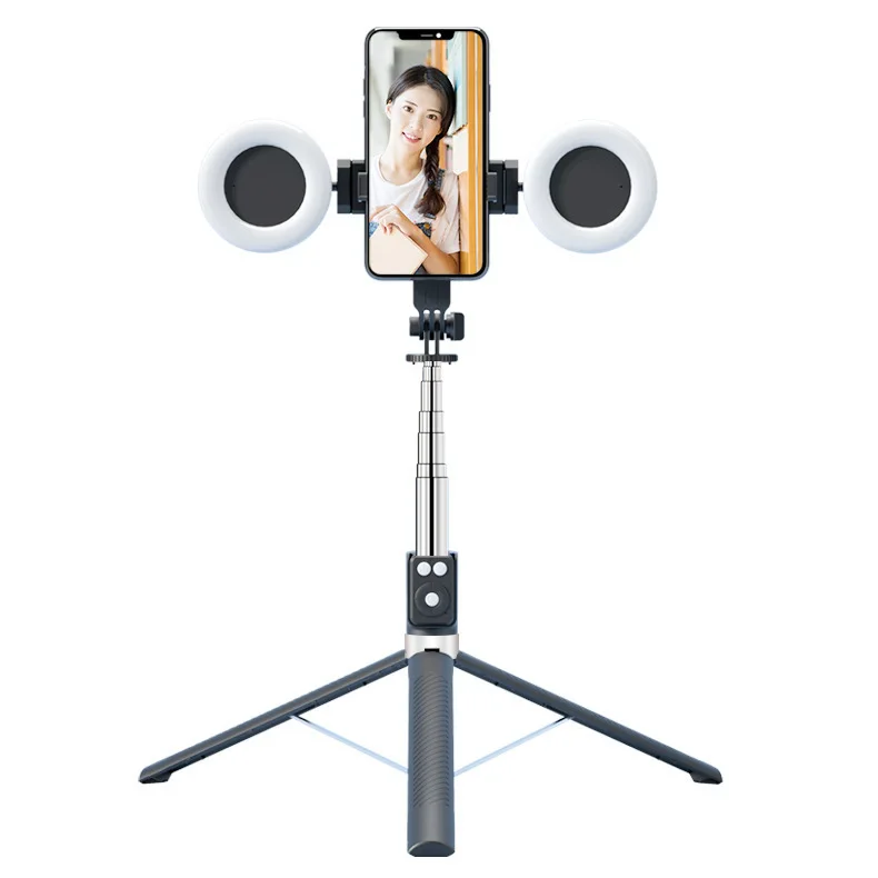 Soporte para teléfono 4 en 1 con trípode extensible de 1.7 m, palo selfie, anillo de luz LED dual y espejo para teléfonos celulares Android e iOS