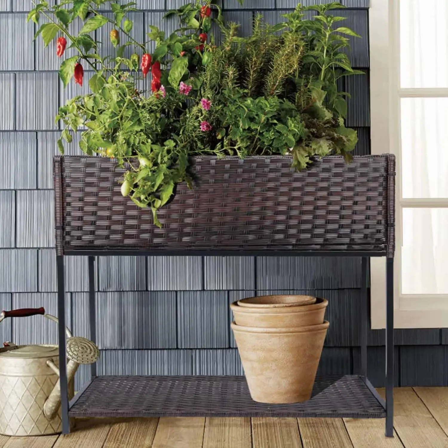 

Raised Garden Bed - Rattan Raised Bed Wicker Elevated Raised Garden Bed with Underneath Tool Storage Rack Outdoor Raised