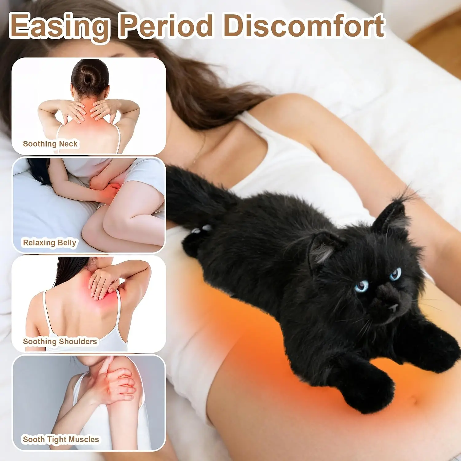 Weighted Microwavable Cat Plush Toy, 2 lb Heated Stuffed Animal with Removable Unscented Heating Pad for Belly, Neck & Shoulders, Plush Toys for Adults and Children, Black