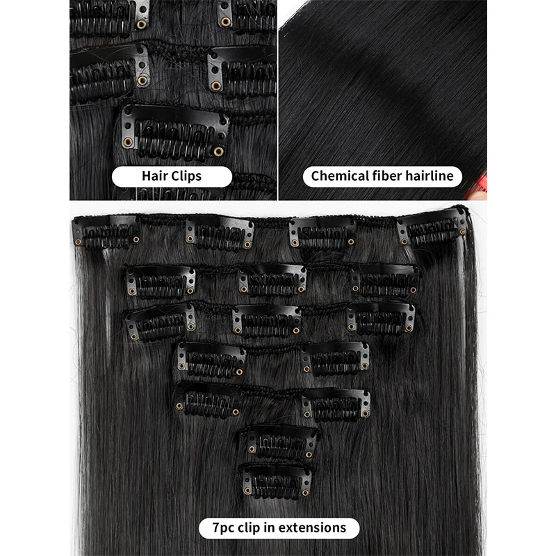 MSTN Synthetic Clip In Hair Extensions 22 Inch Long Straight Hair 7 Pieces/Set Clip In Hair Extensions DIY Hair Making