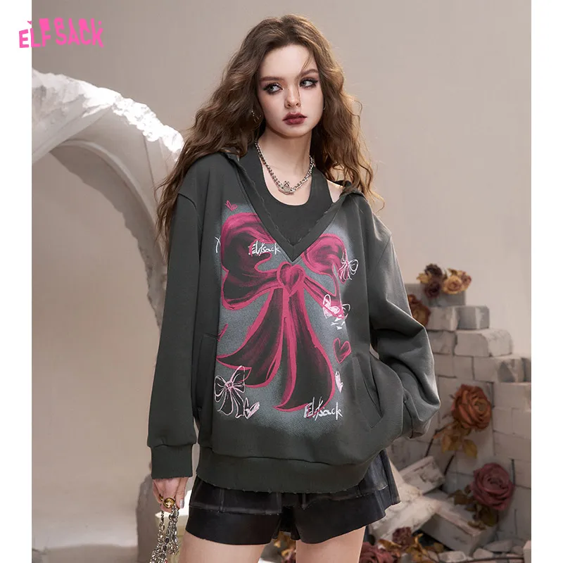 

2024 Autumn ELFSACK New Arrivals Gray Bowknot Printed Loose American V-Neck Mid-Length Hooded Sweatshirt for Women