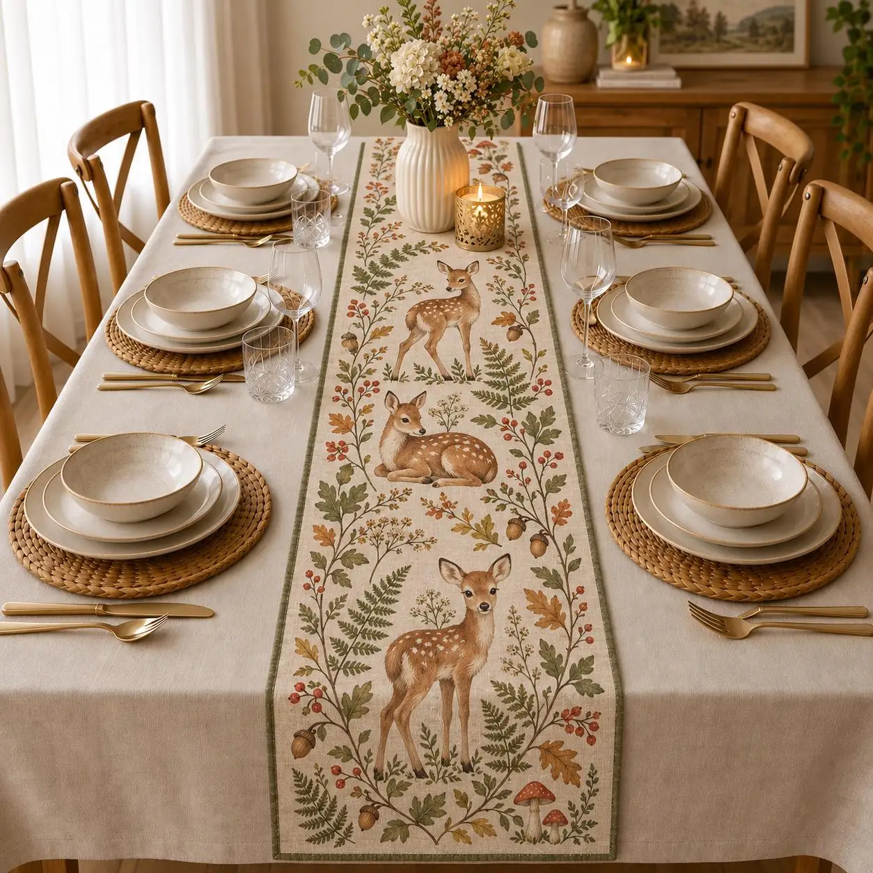 Woodland Deer Table Runner, Fawn Fall Table Decor, Acorn Mushroom Botanical Runner, Rustic Autumn Thanksgiving Dining Decor