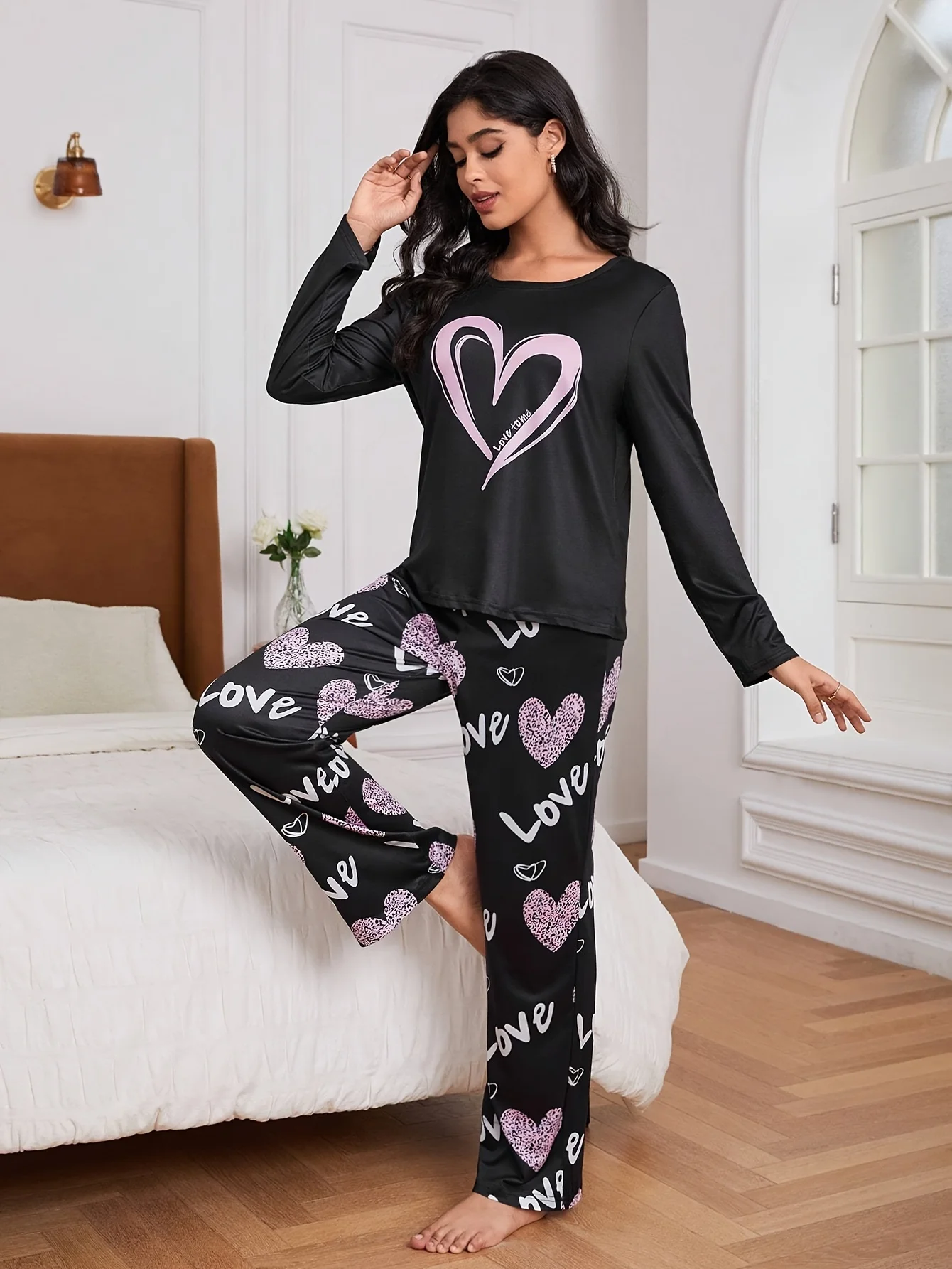 Love letter print pajama set with long sleeve crew neck top and elastic belt pants