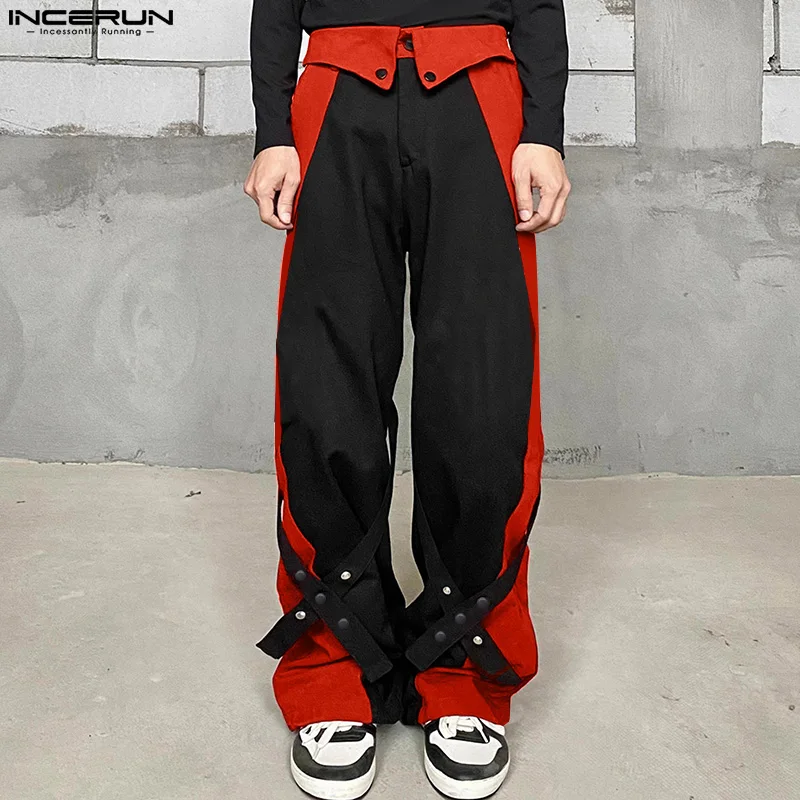 

INCERUN 2024 Korean Style Men's Trousers Patchwork Cross Design Pantalons Leisure Streetwear Contrasting Color Long Pants S-5XL