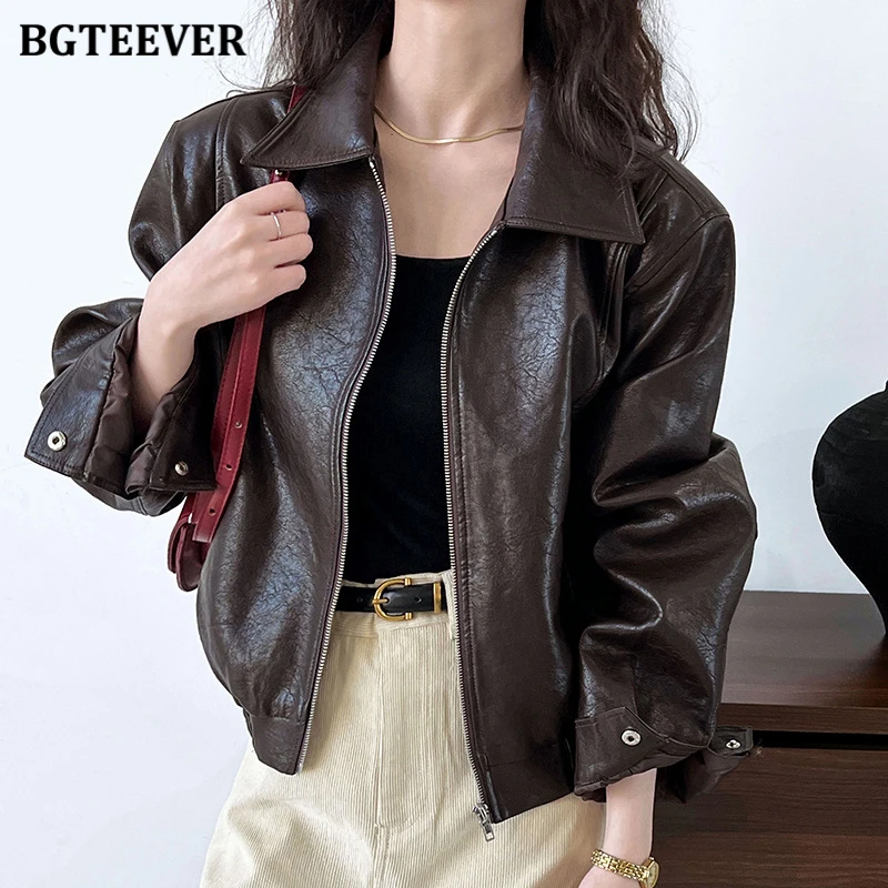 

BGTEEVER Stylish Long Sleeve Zipper Up Ladies PU Leather Coats Autumn Winter Loose Pockets Female Solid Jackets Women Outwear