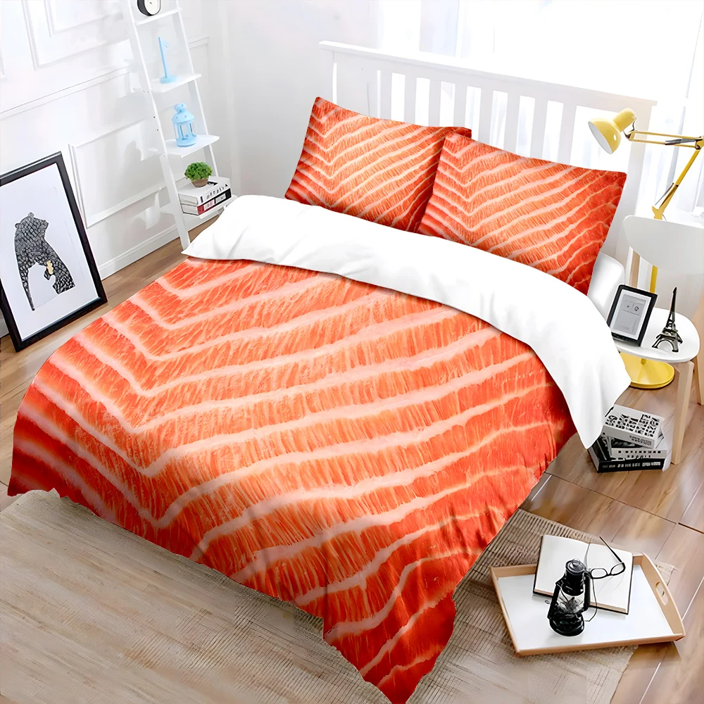 Close-up of fresh salmon texture Print Bedding Set 1 Duvet Cover 2 Pillowcases for Adult and Children Luxury Gift Full Size