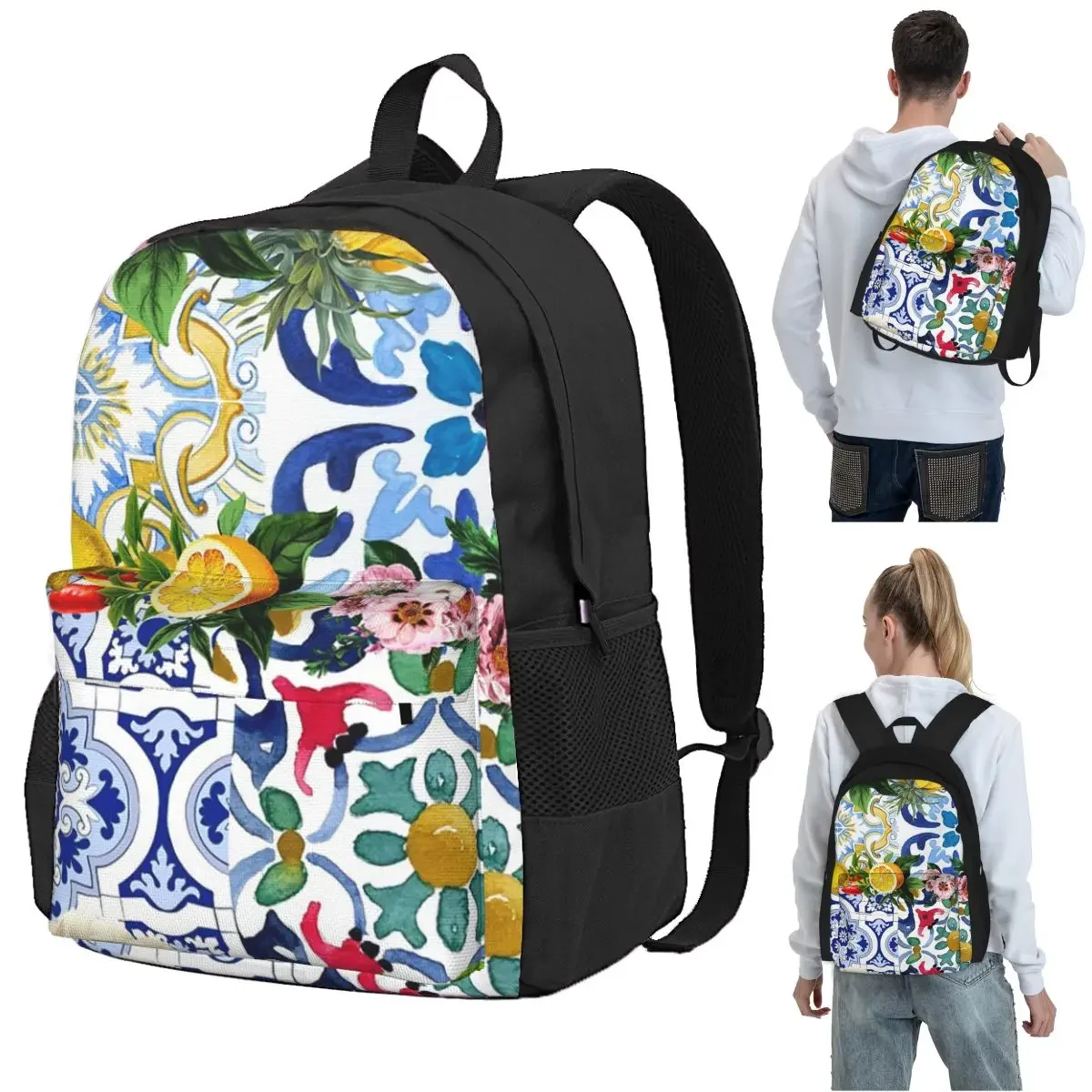 Sicilian Tiles,mediterranean,mosaic,lemons Backpack Student BookBag Kids School Bag Computer Shoulder Bags for Boys Girls