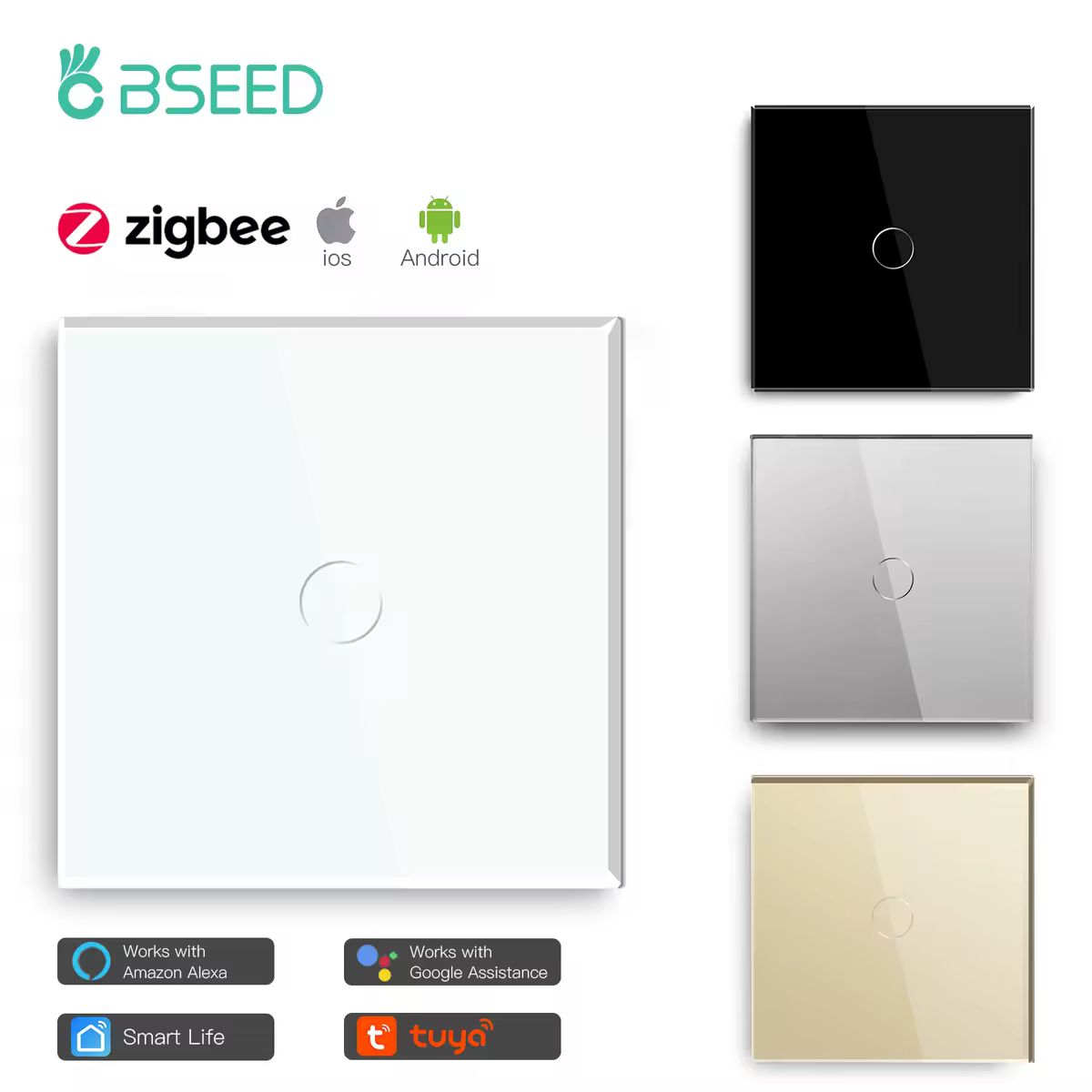 Bseed Zigbee 1/2/3Gang EU Standard Touch Light Switch Single Live Smart Wall Switch Smart Life Google Home Voice Control