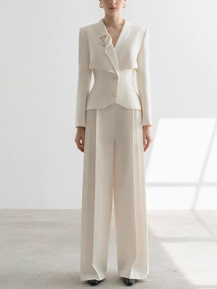 

Ele Autumn Winter OL Suit Straight Leg Pants Set Waist Cinched Suit Color Peach Profional Women's Ensemble
