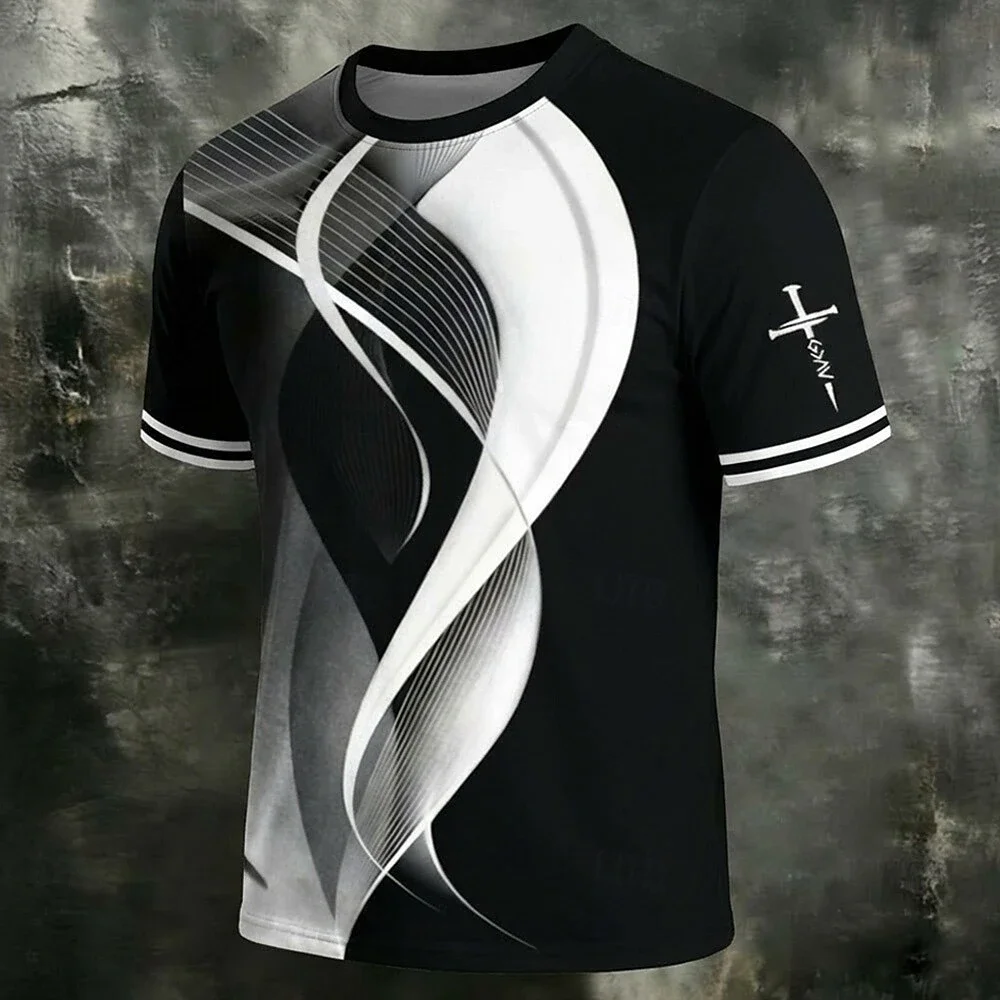 New Men's Abstract Line Print T-shirt O-neck Short Sleeve Striped Cuff Cross Sword Graphic Tee Summer Streetwear Casual Tops