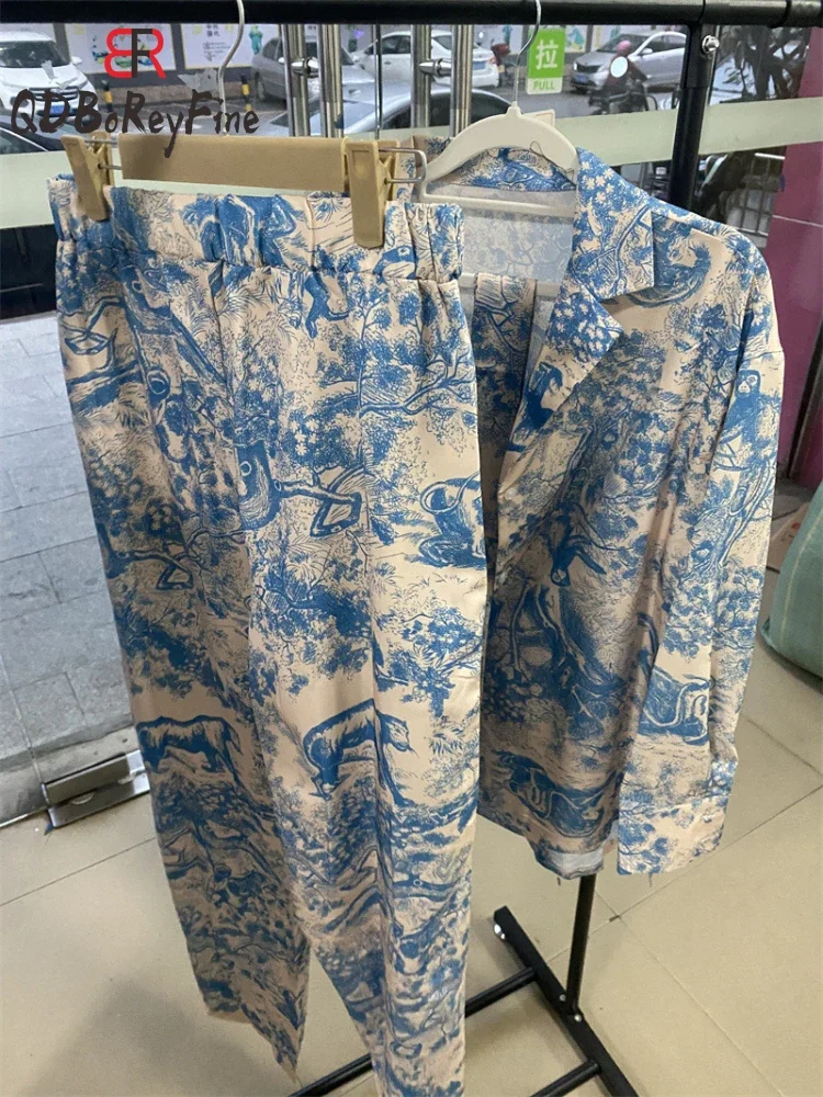 Casual Pants Sets 2 Pieces Cozy Printed Lace Up Long Sleeve Shirt Spring Outfit High Waist Wide Leg Pants Pajamas Suits Homewear