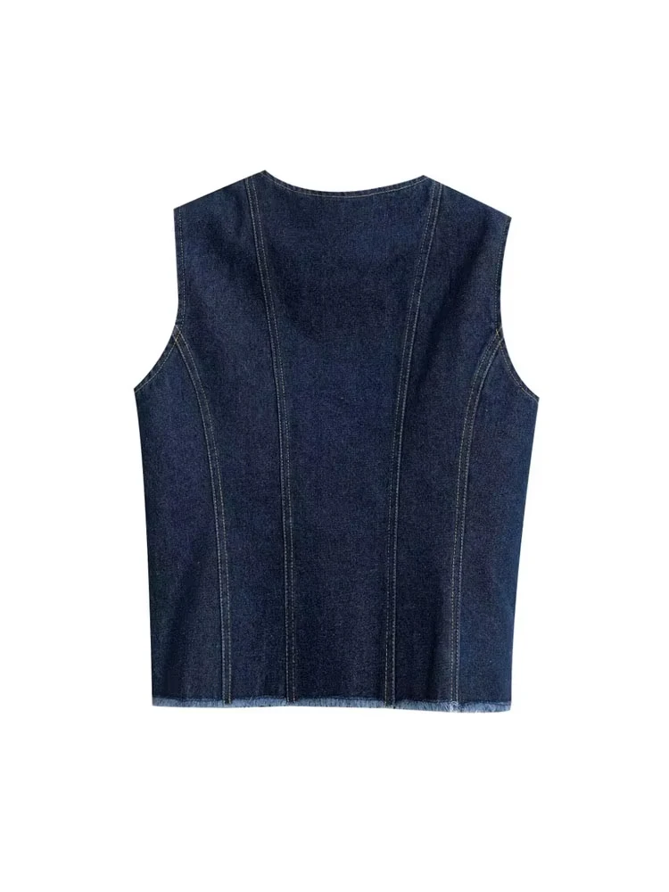 GELITAYIN TRZA-Women's Front Button Frayed Trims Denim Waistcoat, O Neck, Sleeveless Vest, Female Outerwear, Chic Tops, Fashion