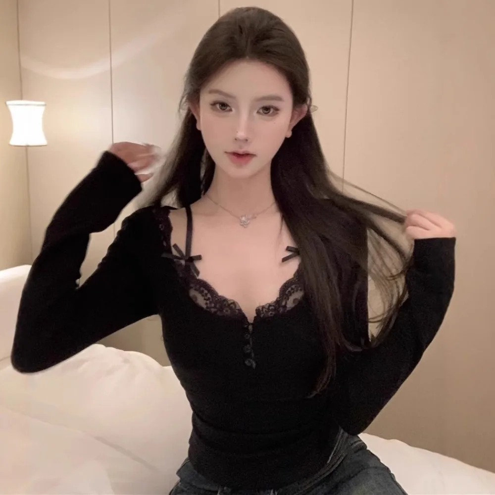 Layered Lace Camisole Thermal Top Dralon Brushed Fleece Long Sleeve Shirt Sweet Sexy Slim Fit Short Blouse for Women Fall Winter