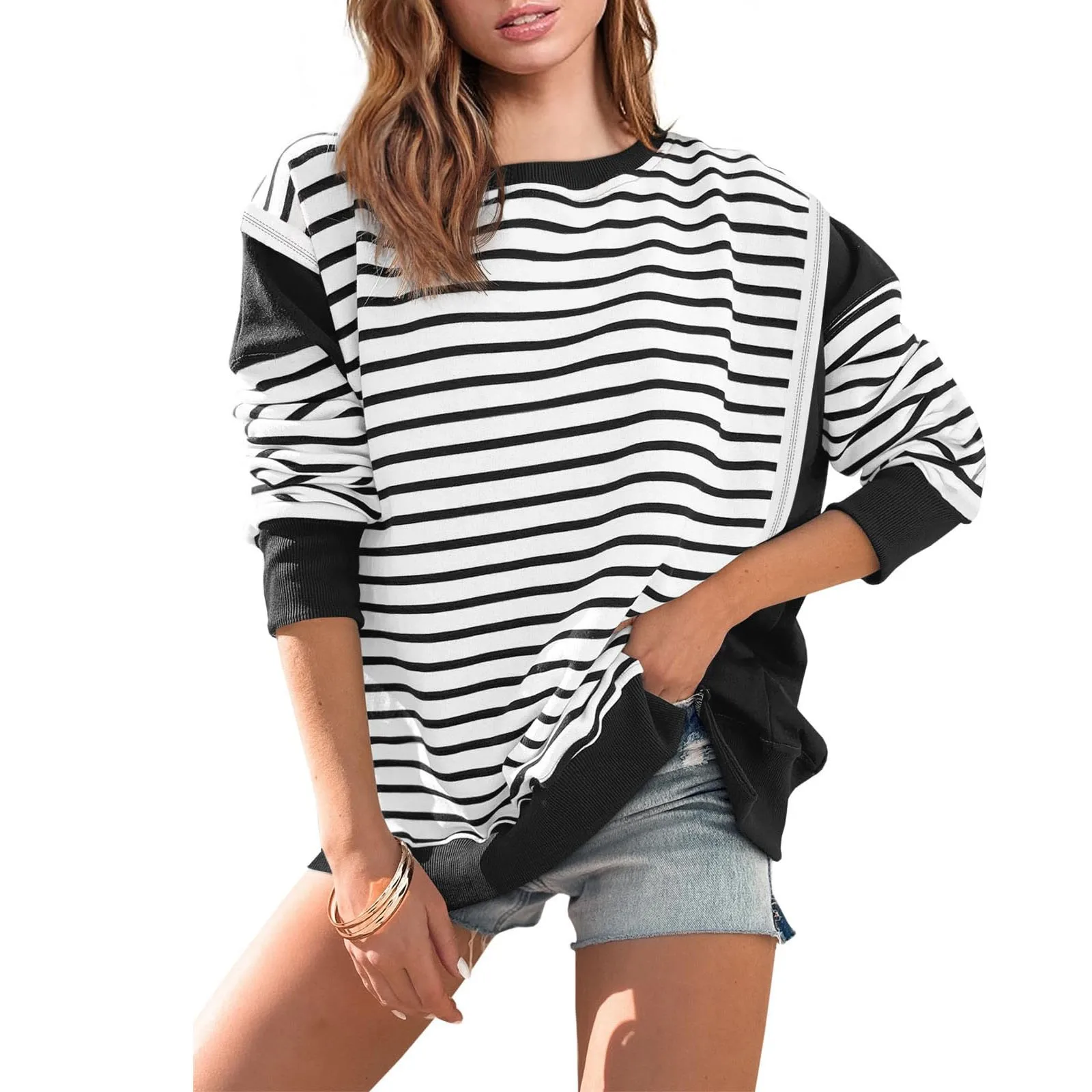 

Women's 2024 Autumn Winter Loose Casual Striped Sweater Women's Long Sleeve Contrast Color Lantern Sleeve Thick Striped Top