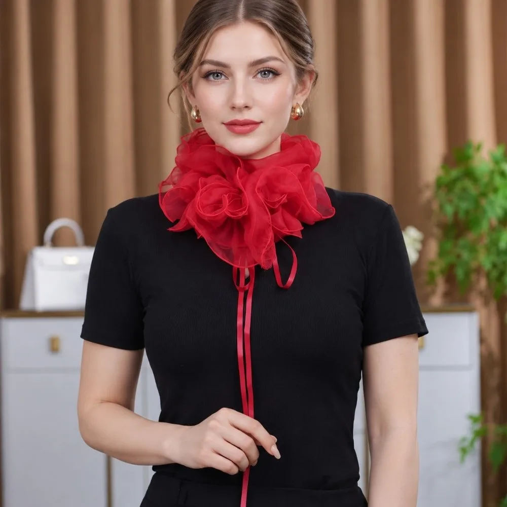 Layered Ruffled False Collar Exquisite Elegant Neck Ruff Faux Collar Tulle Three-Dimensional Flower Shape Detachable Collar