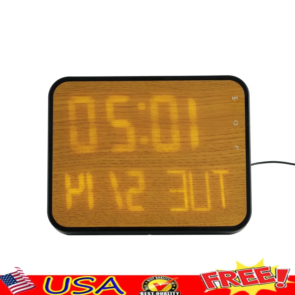 

Modern Digital LED Alarm Clock Indoor Tabletop USB Powered Brown Wood Design 12/24 Hour Display Date Day Snooze Function Battery