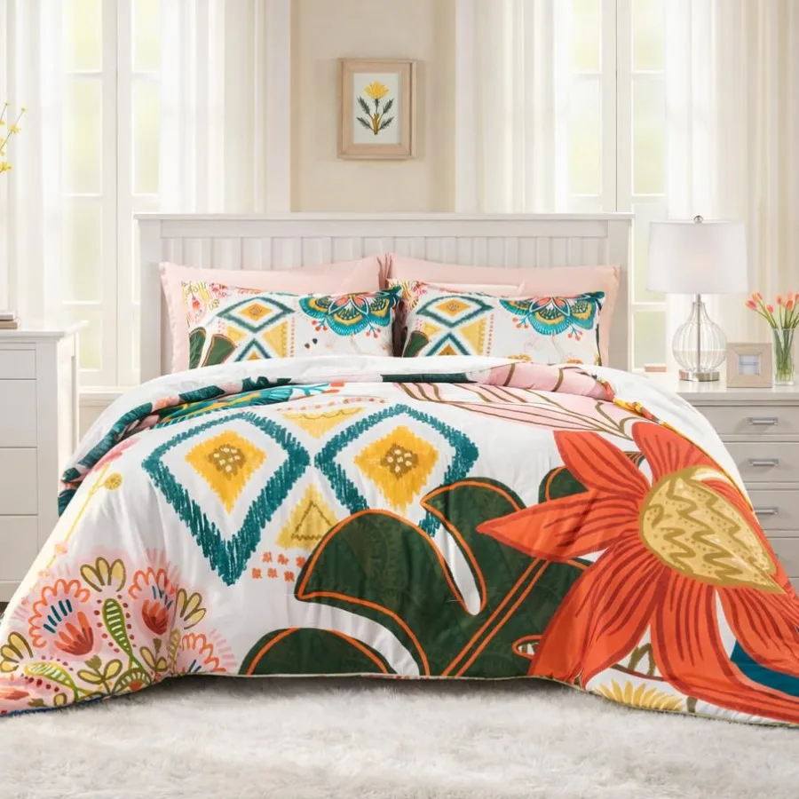 

Boho Floral Comforter Set - 3 Pcs Farmhouse Botanical Bedding Comforter Sets for All Season Soft Lightweight Mid Century Modern