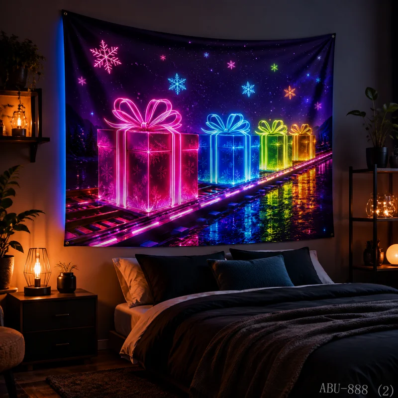 VIKAMA Pink Green Gift Box Tapestry Geometric Black Background Wall Hanging Gaming Bedroom Dorm Decor Cloth, Home Decor