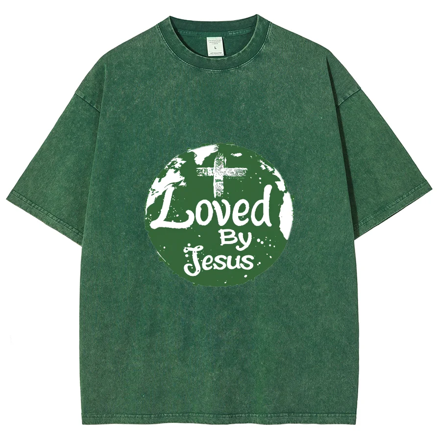 Loved By Jesus Y2k Washed Short Sleeves T Shirt, Cartoon Creative Printed Unisex Vintage Streetwear New Fashion Casual Plus-Size