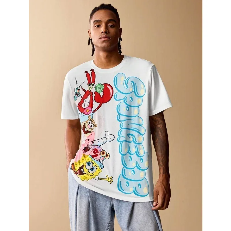 Fun and Colorful Cartoon Image Printed Loose Street Round Neck T-shirt, SpongeBob SquarePants Fashionable Short Sleeved Shirt