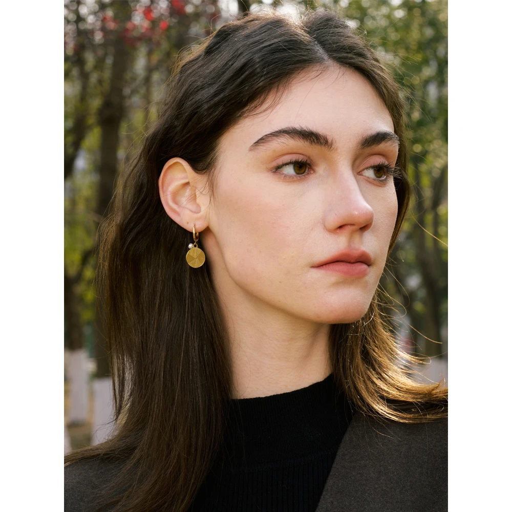Yhpup New French Style 316L Stainless Steel Round Leaf Drop Hoop Earrings Gold PVD Plated Charm Waterproof Thicker Shell Jewelry