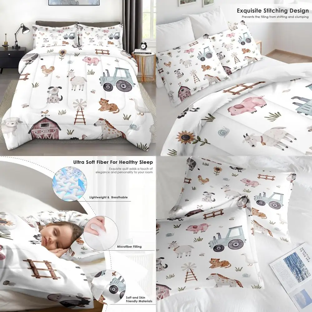 

Комплект одеял королевского размера с изображением сельскохозяйственных животных, мягкое постельное белье из трех предметов, милая тема трактора на осень, идеально подходит для детей и взрослых, спальня D