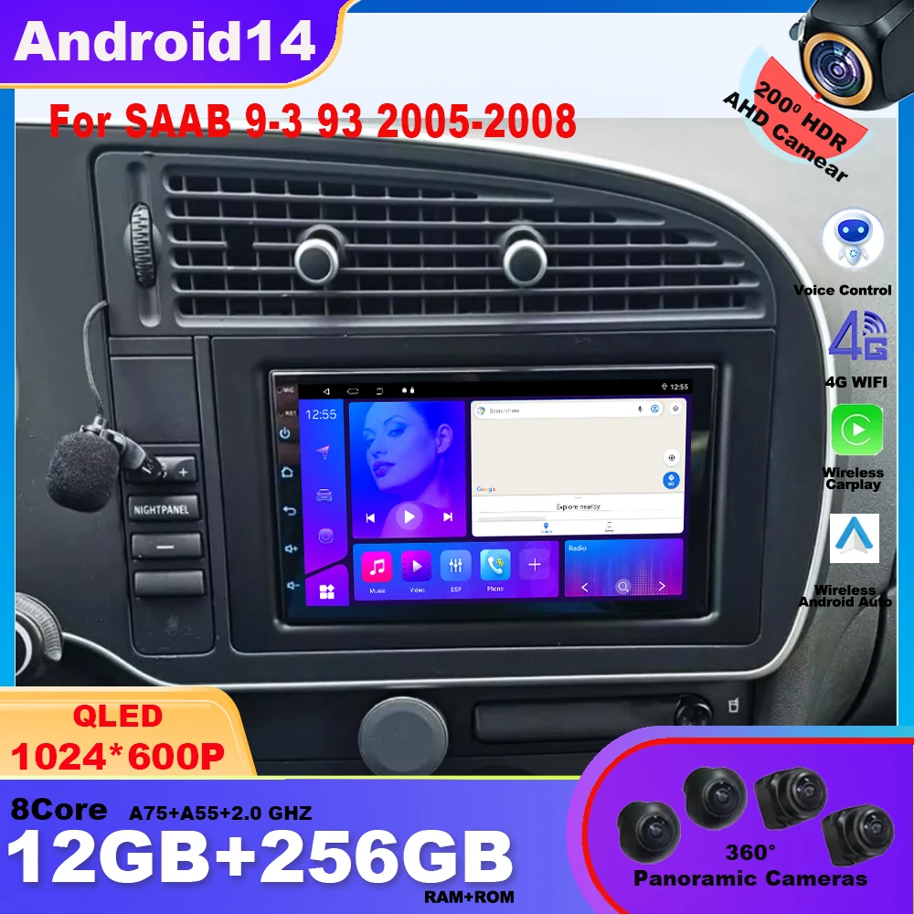 For SAAB 9-3 93 2005-2008 Video Player Head Unit Autoradio 2 Din Android 14 Car Radio GPS Navigation Multimedia Recorder Stereo