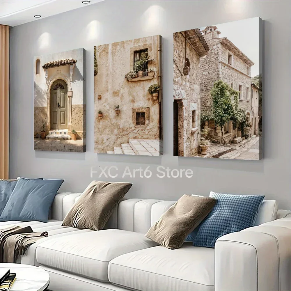 3PCS frameless Multi-size   high-definition decorative paintings,3PC, Mediterranean style retro porch canvas decorative painting