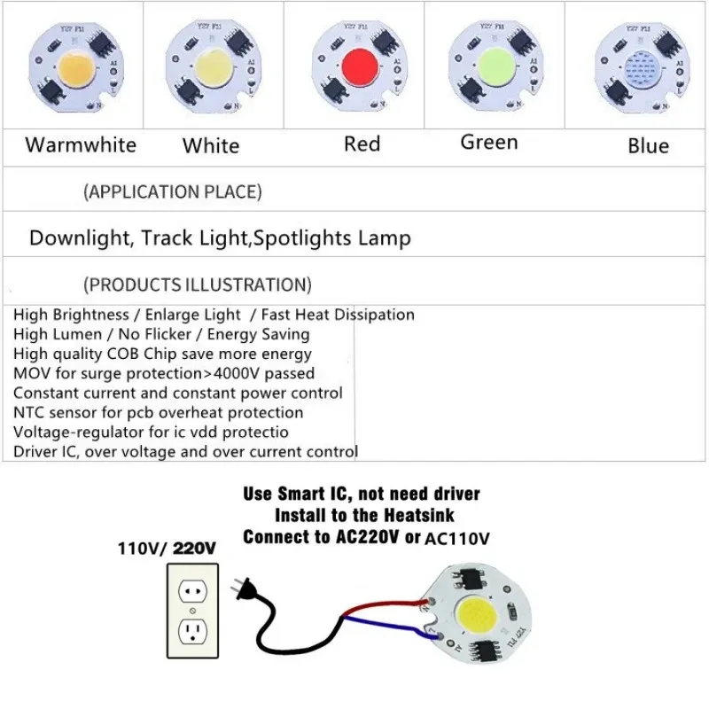 AC110-220V Drive Free LED Floodlight Spotlight COB Chip Light 3/5/7/10W 12W Led Downlight Beads Warmwhite/white/Red/Green/Blue