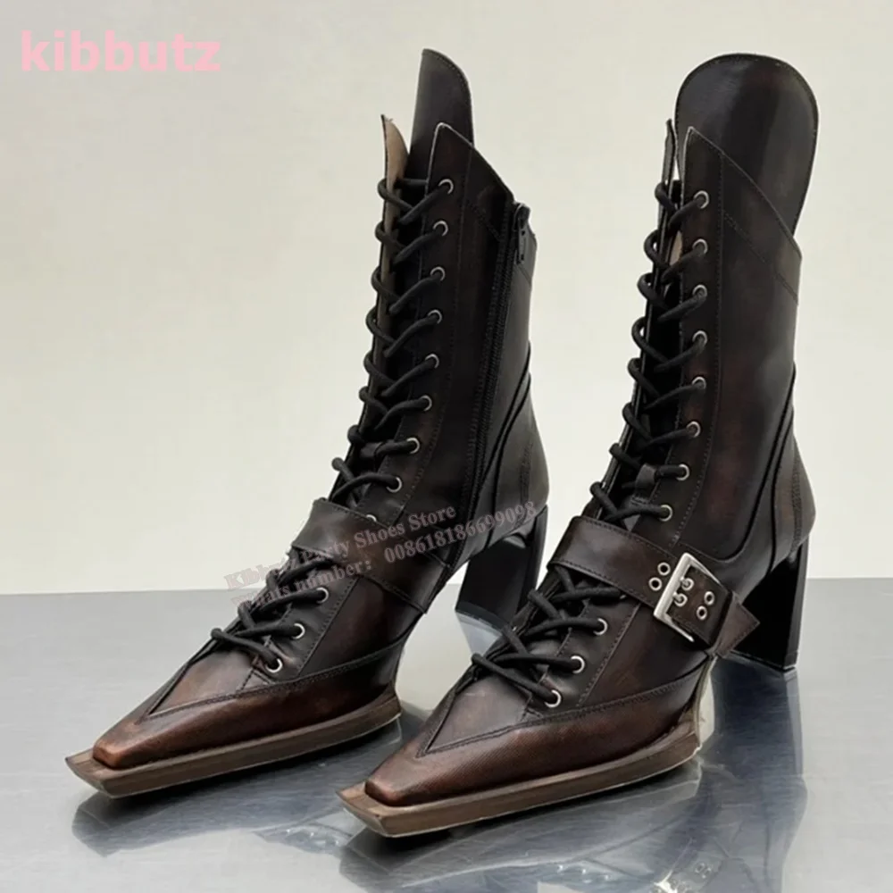 

Vintage Knight Ankle Boot Genuine Leather Belt Buckle Lace-Up Solid Pointed Toe Square Heel Fashion Sexy Women Shoes 2023 Newest