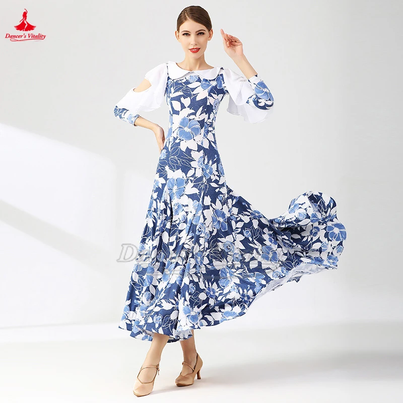 Ballroom Dance Middle-Length Sleeves Flower Print Dress The New Style Modern Waltz Foxtrot Tango Quickstep Professional Costume