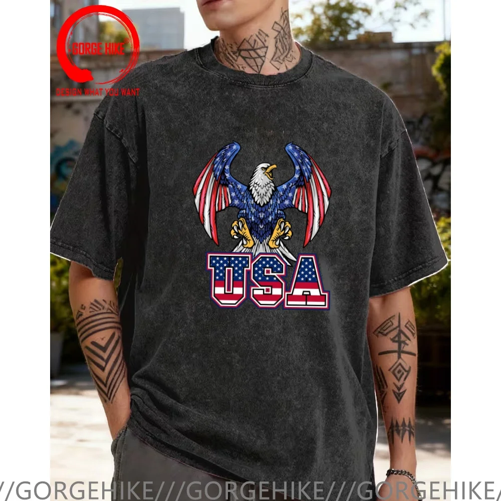 

Vintage Washed Cotton T-Shirt Funny DesignerUSA Eagle T Shirt Men Fashion Trendy Casual Clothing Stylish Tops Tees