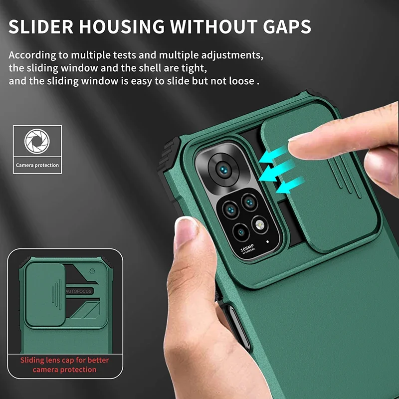 Shockproof Phone Case For Xiaomi Redmi Note 12 11 11S 10 10S 10C A1 9A 9C 9T POCO X5 Push Window Protection Stand Bracket Cover